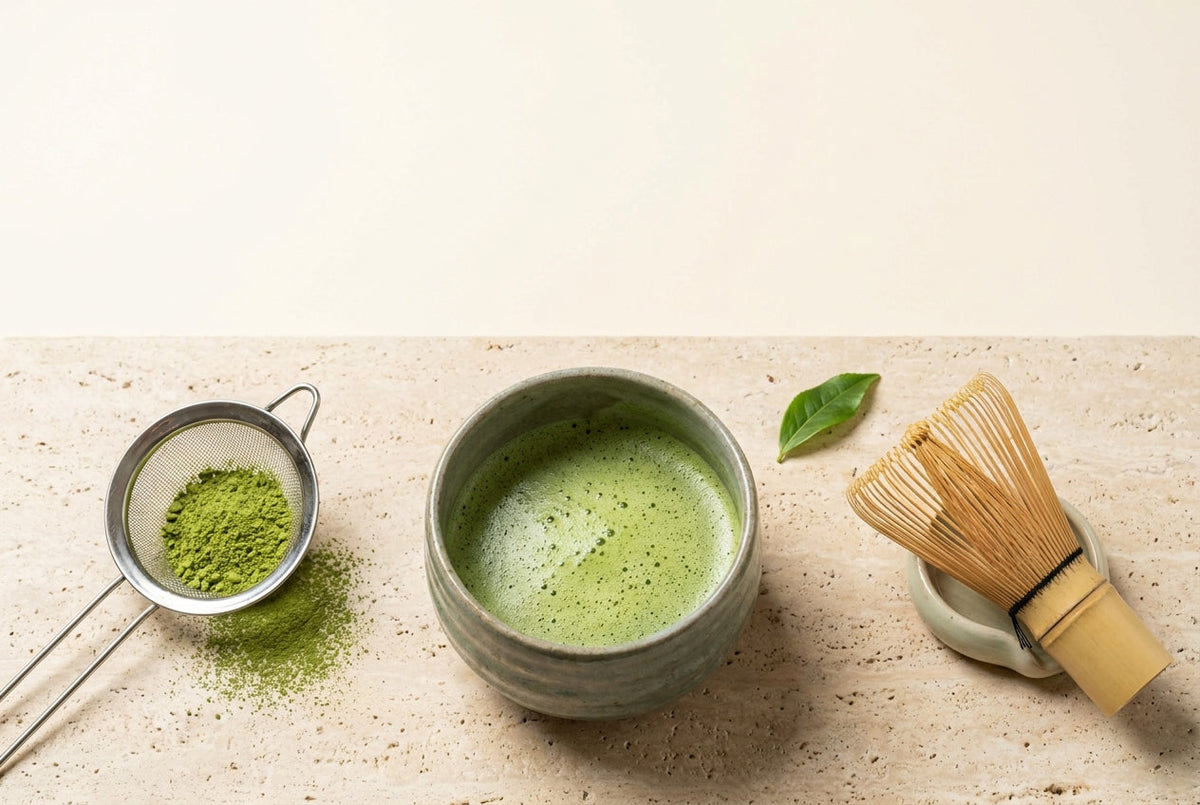 Préparation d'un matcha : tamis, poudre verte, bol Nekoki et chasen sur travertin Image