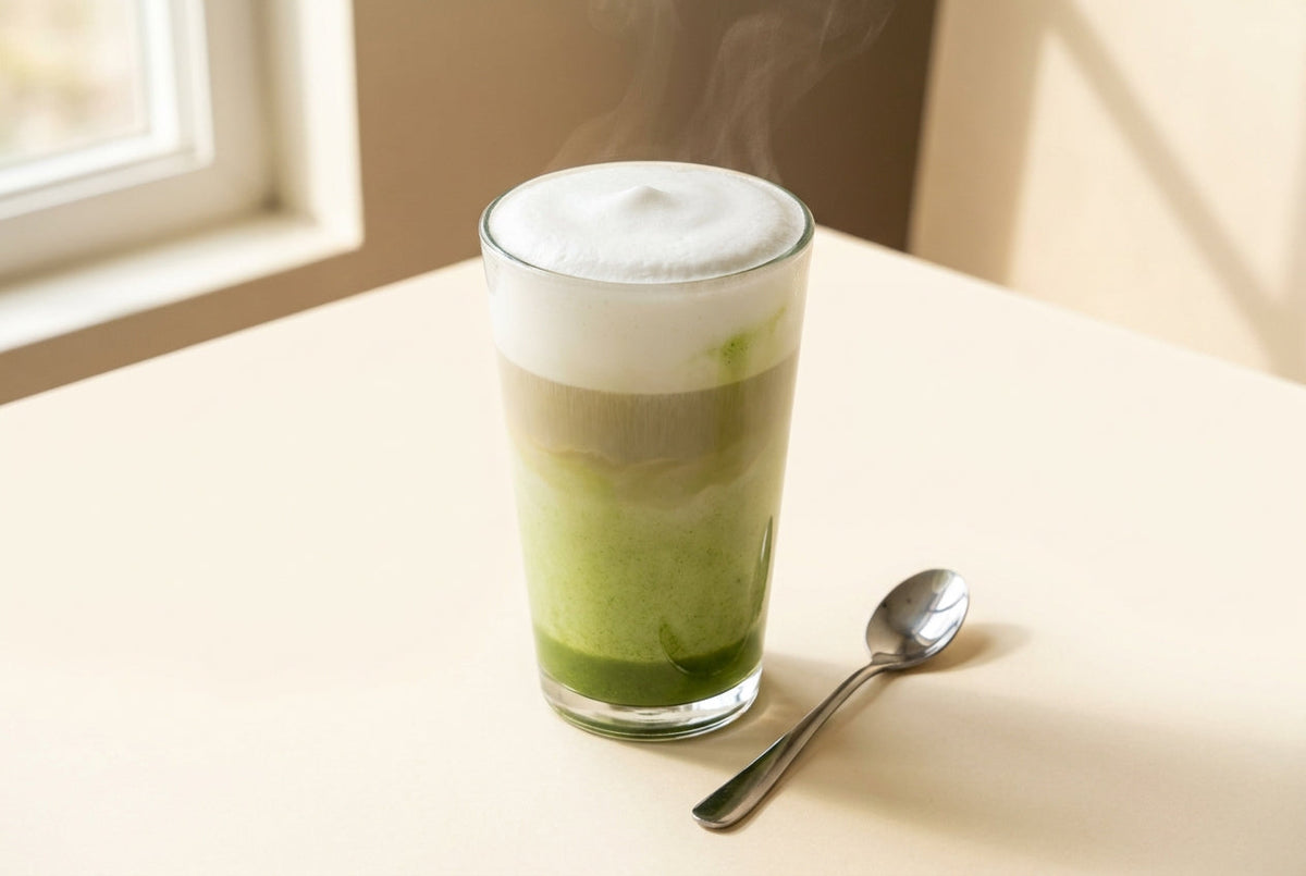 Matcha latte chaud dans un verre transparent avec mousse de lait blanche