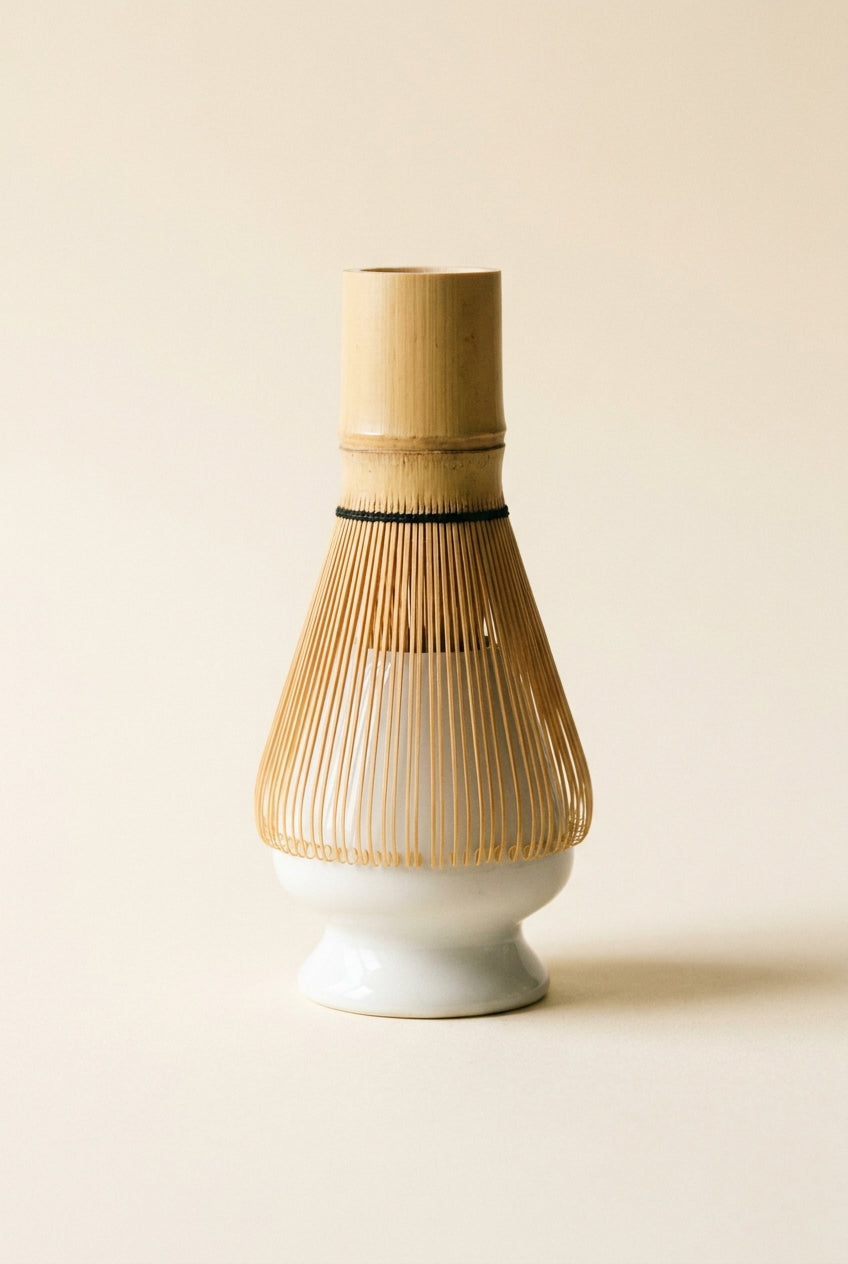 Chasen matcha séchant sur son support kusenaoshi en céramique blanche Image