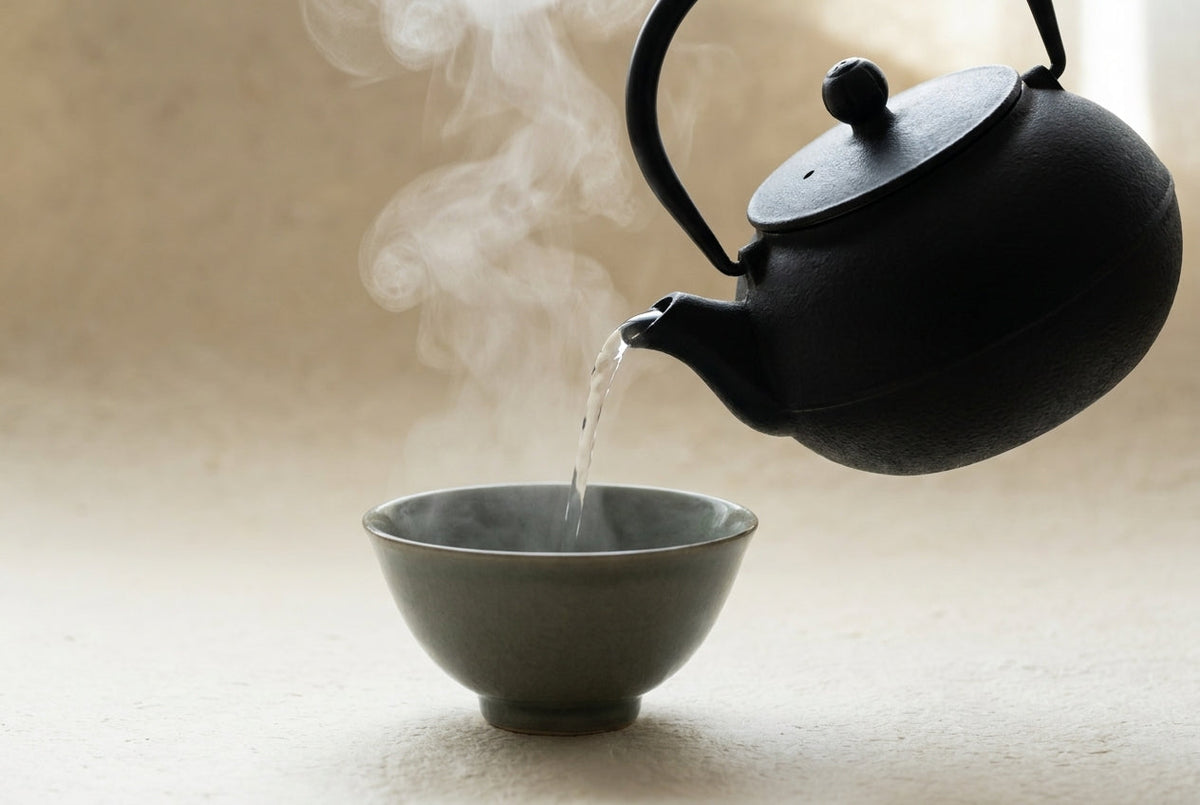 Bouilloire tetsubin en fonte noire versant de l'eau à 80°C dans un bol de matcha
