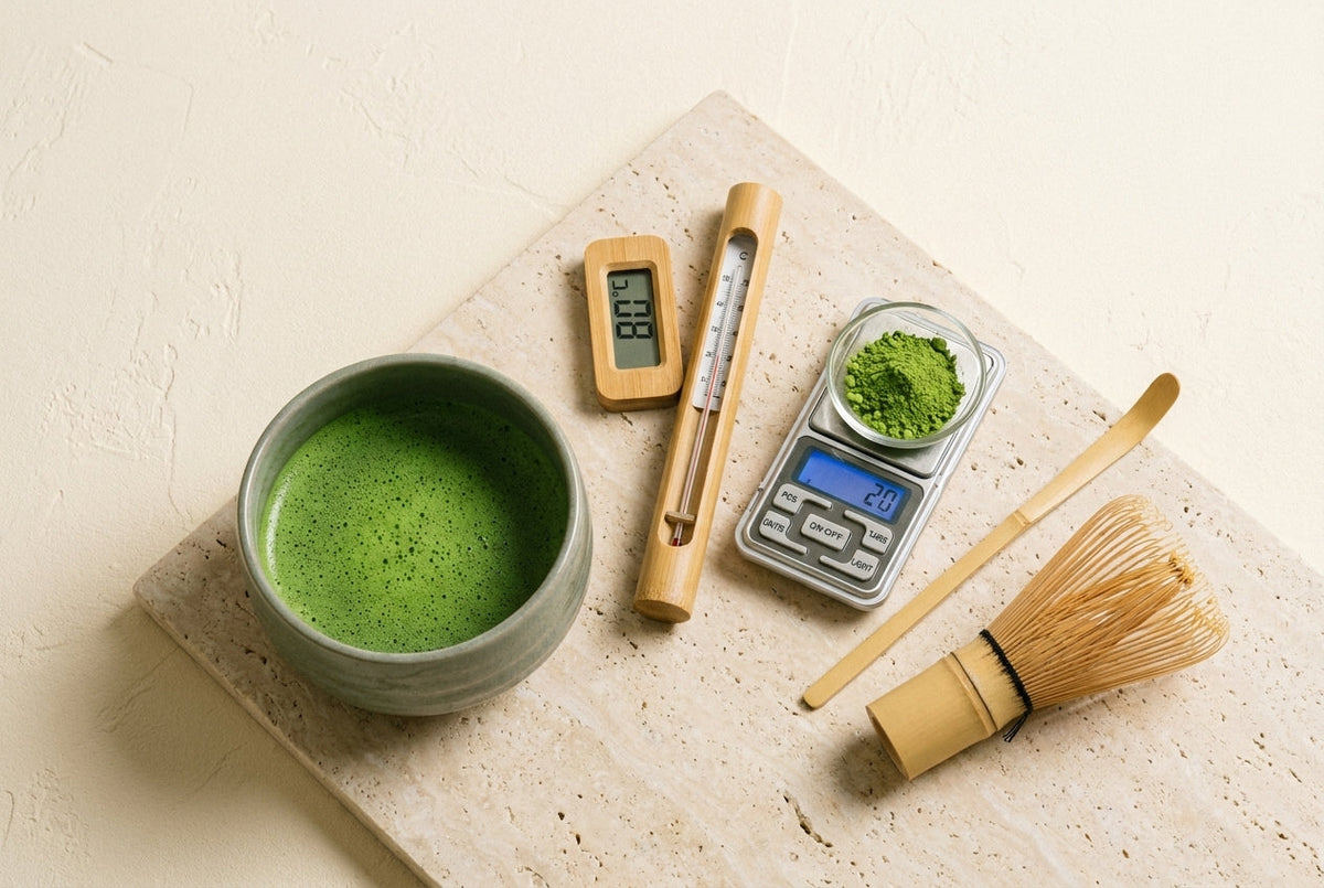 Bol de matcha préparé avec thermomètre à 80°C, balance de précision et chasen