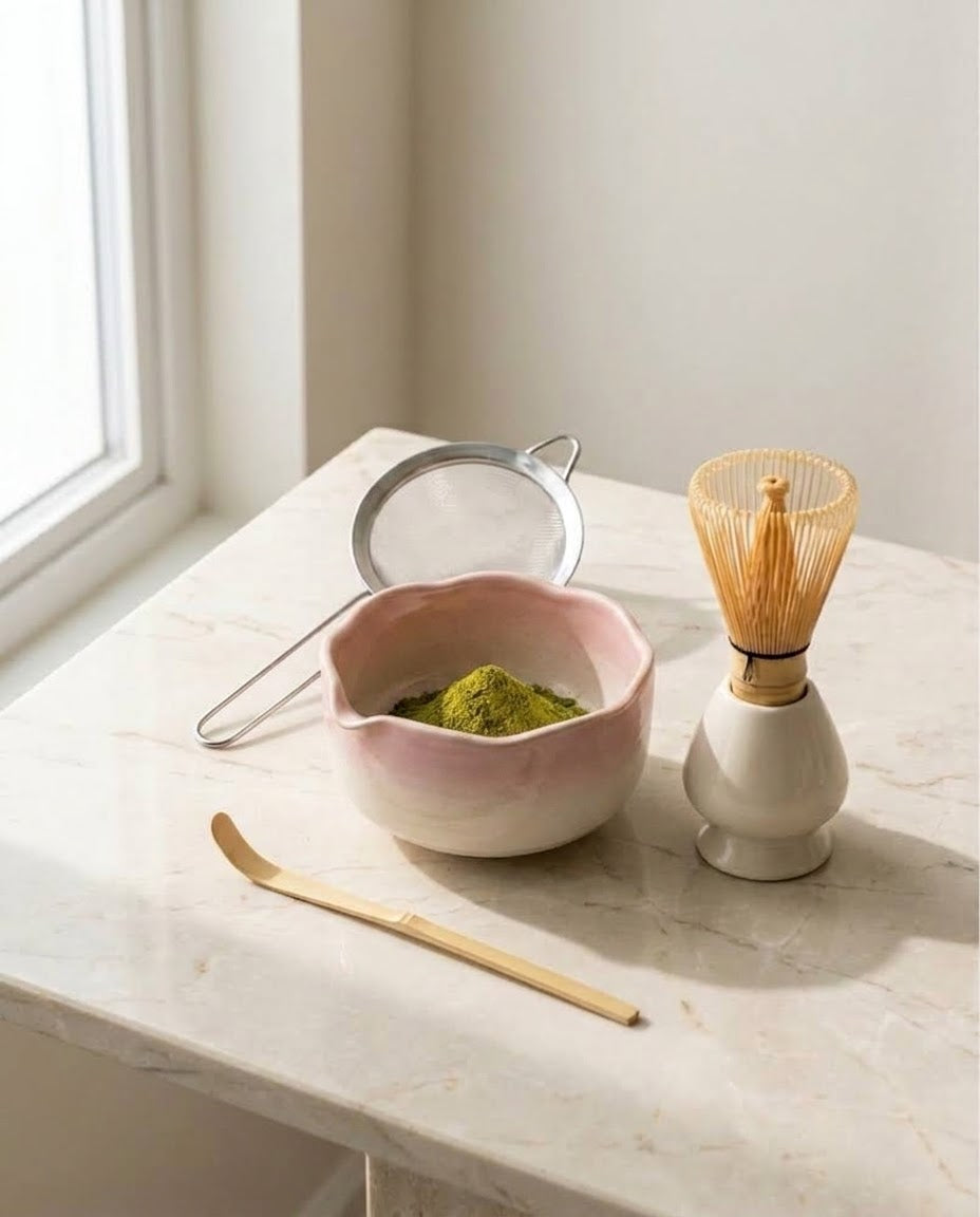 Kit Accessoires matcha Nekoki rose : bol, chasen, chashaku, tamis et support de fouet