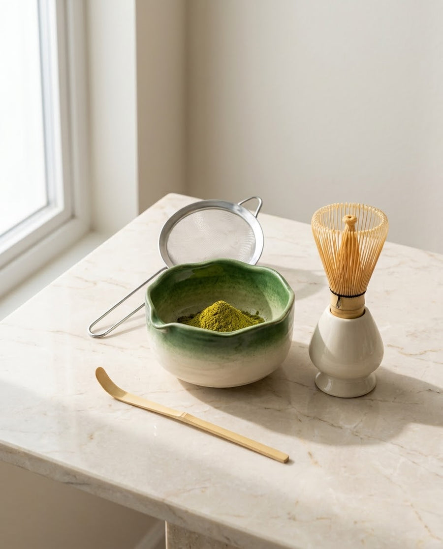Kit Accessoires matcha Nekoki vert : bol, chasen, chashaku, tamis et support de fouet