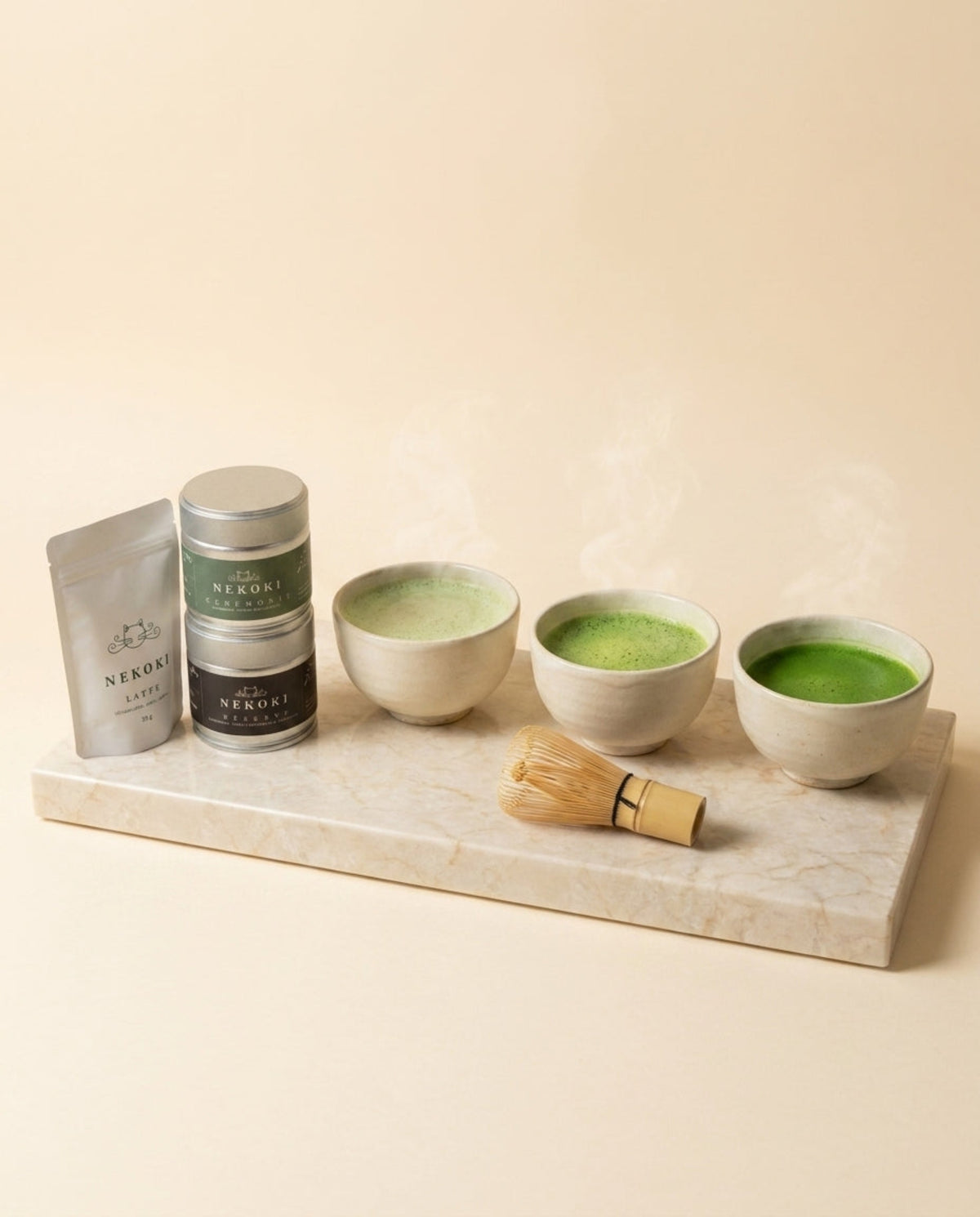 Trio Découverte Nekoki : détail des trois pochettes matcha bio dans leur coffret