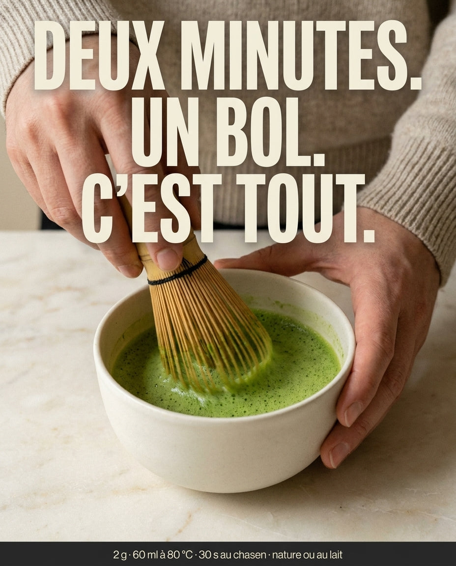 Préparation du matcha Cérémonie au chasen : 2 g, 70 ml d'eau à 80 °C, 30 secondes de fouet