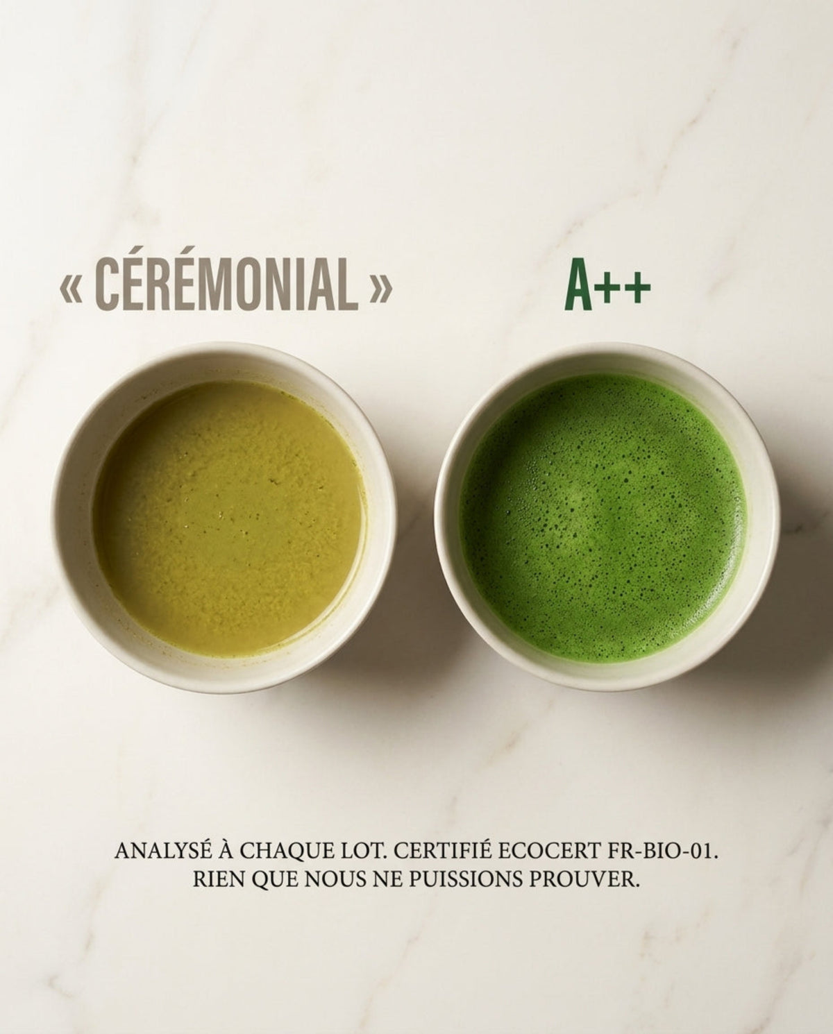 Comparaison de deux bols de matcha : matcha dit cérémonial terne et matcha Nekoki grade A++ vert vif, analysé à chaque lot, certifié Ecocert FR-BIO-01
