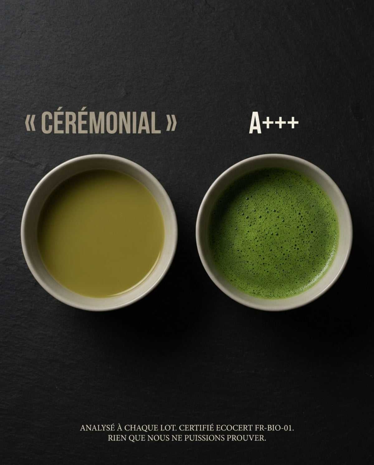 Comparaison de deux bols de matcha sur ardoise : matcha dit cérémonial terne et matcha Nekoki grade A+++ vert profond, analysé à chaque lot, certifié Ecocert FR-BIO-01