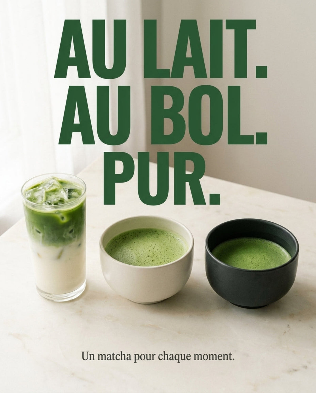 Trois façons de boire le matcha Nekoki : au lait, au bol, pur