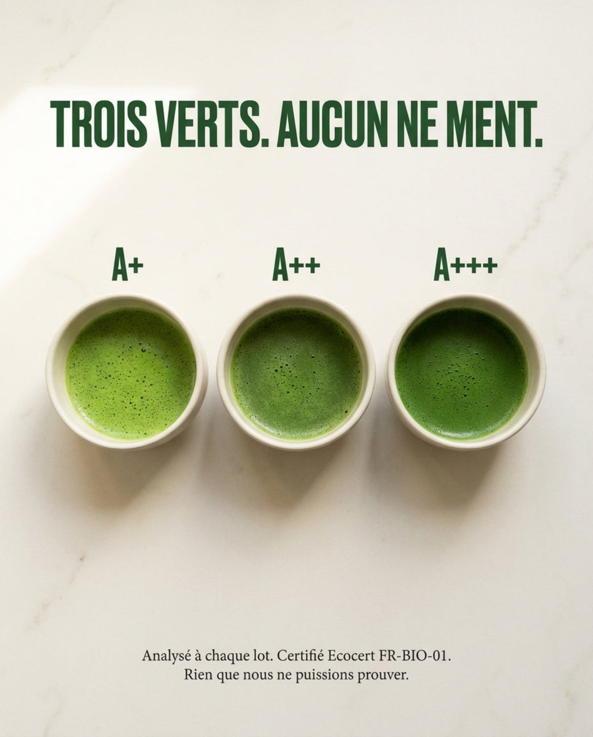 Trois bols de matcha Nekoki grades A+, A++ et A+++ côte à côte, analysés à chaque lot, certifiés Ecocert FR-BIO-01